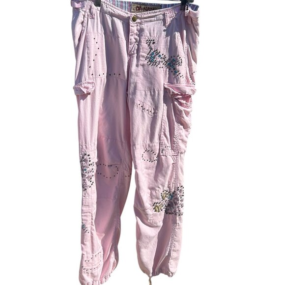 Y2K Vintage Da Nang Cargo Pants Pink L Studded Embroidery Da-Nang Rhinestones - Picture 1 of 7